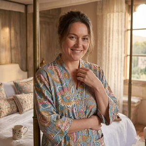 ชุดนอนผ้าฝ้ายทำมือลายดอกไม้สำหรับผู้หญิง เสื้อคลุมกิโมโนสีเทา คอวี แขนยาว มีกระเป๋าด้านหน้า ชุดลำลอง - Product Image 6