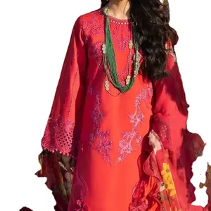 Chikan вышивка и лужайка вышитая спина длинная Kameez непрошитая Женская коллекция цифровая печать чистый шифон Dupatta