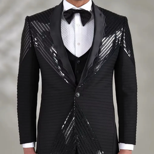 Luxury Men Blazer <b>Jacket</b> Cotton Metallic Bugle Bead Vinework Trending Embroidery Black Fabric Rectangular Shape Party Outerwear - Product Image 2