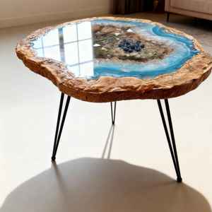 Table basse de luxe aspect cristal, écologique, en résine époxy faite à la main, style géode turquoise, table d'appoint moderne, décoration intérieure noire, artisanat - Product Image 3