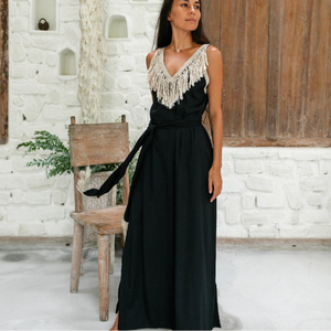 Vestido maxi de algodón negro estilo bohemio para mujer, sin espalda, con flecos, estilo bohemio, largo, con abertura y cinturón, estilo cóctel ecológico - Product Image 4