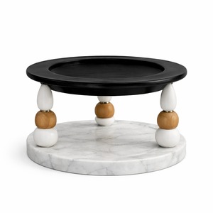 Soporte de lujo para servir de mármol negro con pedestal de madera y cuentas blancas, base de mármol blanco sólido, exhibidor de aperitivos de diseño para mesa. - Product Image 1
