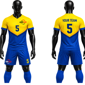 Conjunto de Uniforme de Fútbol ORVO Sports para Hombre, Camiseta Amarilla y Azul de Manga Corta con Cuello en V, Número 5, Poliéster, Logotipo Personalizado, Diseño Personalizable - Product Image 2