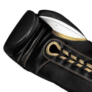 Gants de boxe professionnels en cuir, à lacets, pour adultes, noirs avec garniture dorée - Product Image 3