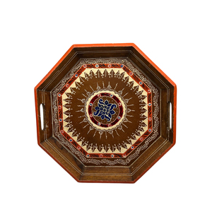 Plateau de service en bois de style marocain fait main avec mosaïque bleue, finition vieillie, plateau décoratif avec poignées pour la maison - Product Image 5