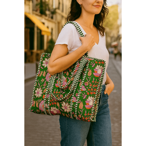 Chic Block Print <b>Floral</b> Large <b>Tote</b> <b>Bag</b> - Green sustainable Carryall - Product Image 2