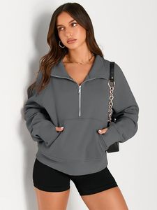 Premium Women's Quarter Zip <b>Sweatshirt</b> Oversized Charcoal <b>Grey</b> Fleece Pullover with Half Zip Collar Kangaroo Pocket - Product Image 5
