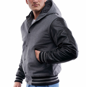 Men's <b>Black</b> Hooded Zip-Up <b>Sweatshirt</b> With Leather Sleeves And Pockets Casual French Terry Fleece Leather Sleeve Hoodies - Product Image 6
