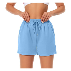 Shorts de Punto de Algodón Azul Claro para Mujer, Cintura Media, con Cordón, Casuales, con Bolsillos, Transpirables, Corte Regular, Antiarrugas, Estilo Motero - Product Image 3