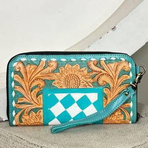 Trending Turquoise & <b>White</b> Checkered Tooled Leather Card Holder Wallet With Strap Stylish Durable Floral <b>Clutches</b> for Women - Product Image 2