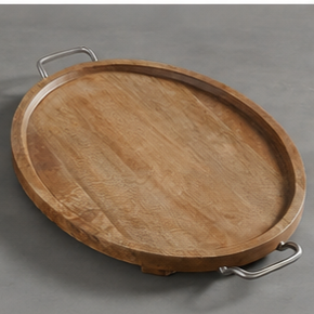 Plateau de rangement rond en bois avec poignées métalliques, design rustique, accessoire de table durable pour cuisine intérieure - Product Image 2