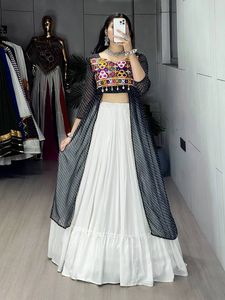 Women's White Rayon Cotton Lehenga with Leheriya Printed Georgette Kurti <b>Mirror</b> Gamthi Gota Patti Ethnic Set - Product Image 3