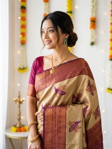 Traditional Indian Banarasi Art Silk <b>Saree</b> Women's Wedding Wear Gold <b>Purple</b> Peacock Print Floor Length Regular Fit All Seasons - Product Image 2