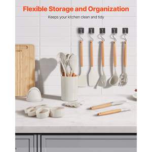 Juego de 34 utensilios de cocina de silicona blanca con mango de madera, resistentes al calor hasta 428 Fahrenheit, espátulas, cucharas y soporte. - Product Image 6