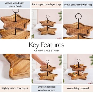 Charming Two Tier Wooden <b>Cake</b> <b>Stand</b> Featuring Star Shaped Trays & A Black Metal Stem With A Ring Handle For Serving & Decoration - Product Image 6