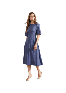 Robe midi en coton 100% pour femmes, coupe évasée avec plis |   Robes d'été décontractées bleues unies à col rond et manches courtes pour filles - Product Image 1