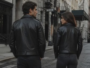 Blouson de motard unisexe en cuir noir avec fermeture éclair asymétrique, ceinture à la taille et épaulettes cloutées - Product Image 2
