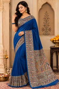 Designer Hand Painted Madhubani Traditional Mithila Painting Floor-Length Desi Tasar <b>Saree</b> <b>Women</b> Ethnic Wrinkle-Free Reversible - Product Image 6
