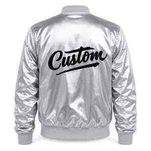 Custom <b>Men's</b> Silver Satin Bomber <b>Jacket</b> Stand Collar Embroidered Front Logo <b>Pullover</b> Closure Casual Winter Streetwear - Product Image 4