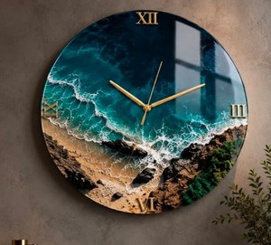 Ocean Wave Glass Wall <b>Clock</b> Silent Quartz AA <b>Battery</b> Operated 8 Inch Contemporary Design for Living Room Bedroom - Product Image 3