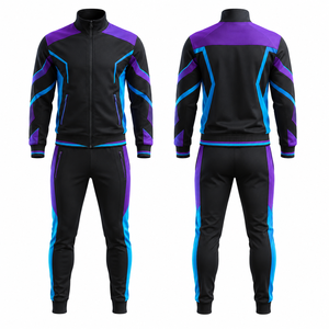 Ensemble de survêtement sportif pour homme, noir, violet et bleu, avec blocs de couleur, fermeture éclair intégrale, séchage rapide, en polyester, pour l'automne, avec poches latérales - Product Image 1