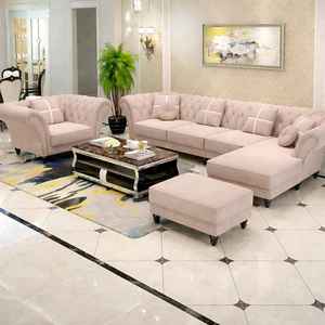 Juego de Sofás Seccionales Chesterfield de 7 Plazas en Color Rosa Pálido para Sala de Estar, Sofá en Forma de L Tapizado con Otomana - Product Image 1
