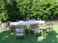Table à manger extérieure en béton, ovale, blanche, moderne, faite à la main, étanche, extensible, avec base à double piédestal, pour usage hôtelier