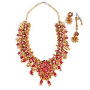 24K Gold Plated <b>Ruby</b> Jadau Bridal <b>Necklace</b> Set with Zircon Earrings - Product Image 2