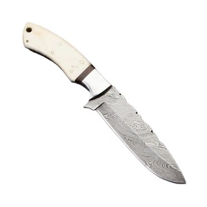 Cuchillo de Camping Hecho a Mano con Hoja Recta de Acero de Damasco, Mango de Hueso y Funda de Cuero - Product Image 1