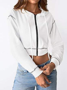 Women's White <b>Cropped</b> Hoodie <b>Zip</b>-<b>Up</b> Sweatshirt Full Sleeve Solid Color Knitted Polyester Spring Wear - Product Image 5