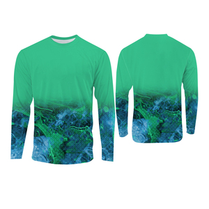 Sweat à capuche unisexe bleu-vert à imprimé abstrait avec logo frontal, protection solaire UPF 50, séchage rapide, manches longues, vêtement de pêche pour adulte - Product Image 4