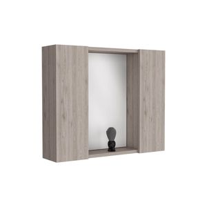 Armadietto a Specchio a Doppia Anta con Finitura Grigio Chiaro, con Scaffale Esterno e Illuminazione, Arredo Bagno - Product Image 3