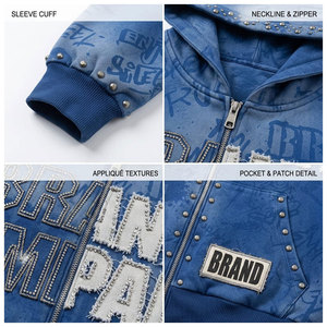 เสื้อฮู้ดซิปผู้ชายสีน้ำเงินทรงโอเวอร์ไซส์ แบรนด์ Company ดีไซน์สตรีทแวร์ พิมพ์ลายโลโก้ด้านหน้า มีกระเป๋า ผ้าเฟรนช์เทอร์รี่ - Product Image 6