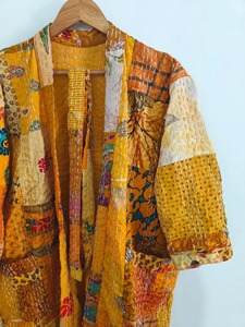 Robe de chambre longue en patchwork fait main, vintage, en soie Kantha, style kimono, pour femmes - Product Image 2