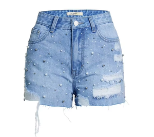 Shorts de mezclilla ajustados para mujer 2026 con efecto desgastado, cinturón, cintura media, dobladillo con perlas y borlas - Estilo sexy - Product Image 1