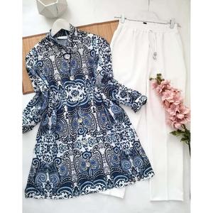 KURTI IMPRESO DIGITAL DE RAYÓN MÁS RECOGIDO CON AZUL PALAZZO - Product Image 1