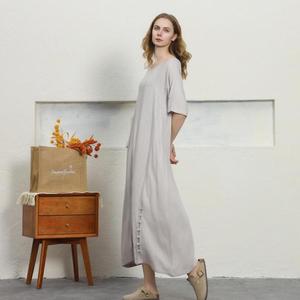 Women Loose Fit O-Neck Short Sleeve <b>Maxi</b> <b>Dress</b> 100% <b>Linen</b> Solid Color Asymmetrical Hem Button Detail Casual Daily Wear - Product Image 4