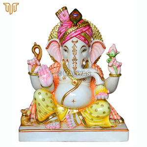 Estatua de Ganesha con turbante de mármol de 15 pulgadas |   Ídolo del Dios Ganesha Hecho a Mano con Pluma de Pavo Real |   Murti de Ganpati en Mármol Blanco Premium - Product Image 3