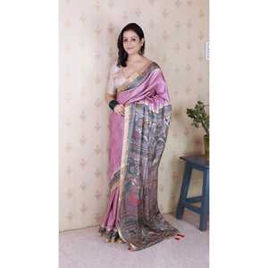 Sari en soie Tussar rose poudré Elite Weaves, imprimé Madhubani, avec bordure tissée Zari, 450g, pour tenue de soirée - Product Image 6