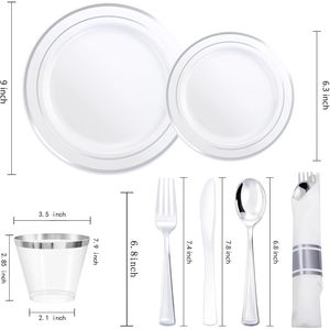 Set di Stoviglie in Plastica Argento da 50 Pezzi per 50 Ospiti, Include 50 Piatti per Cena e Dessert - Kit di Forniture per Feste Usa e Getta - Product Image 2