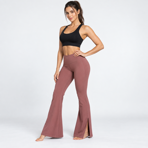 High Waist Flared Leg <b>Yoga</b> <b>Pants</b> Seamless Solid Color Full Length Elastic Waist Spandex Nylon Workout Trousers - Product Image 2