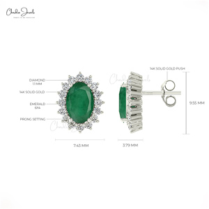 14K Fine Gold Natural <b>Emerald</b> Dainty <b>Studs</b> Earrings with Halo White Diamond 6X4MM Oval Cut Gemstone Earrings at Factory Price - Product Image 5