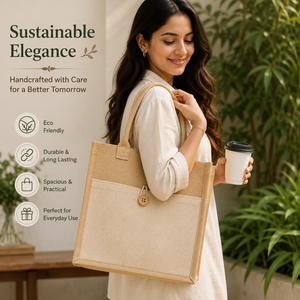Jute Shopping <b>Bag</b> <b>Medium</b> <b>Size</b> Button Closure Hand Length Handle Tote for Exhibition & Wedding Daily Use - Product Image 3