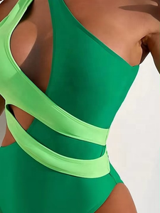 2025 une épaule une pièce maillot de bain femmes ventre contrôle maillots de bain femmes Sexy chaud à lacets coupe haute contraste couleur - Product Image 3