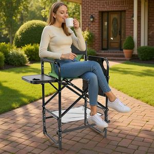31\" <b>Tall</b> Portable Directors Chair with Cup Holder Built-in Footrest and Side <b>Table</b> Storage Bar Height Folding Camping Chair - Product Image 5