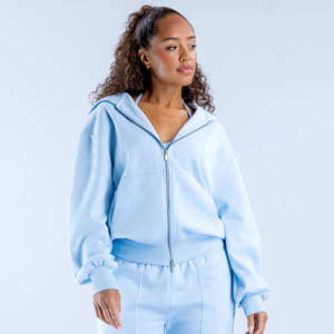 Nouveau design – Sweat à capuche zippé oversize en polaire bleu craie pour femme – Anti-plis, respirant, idéal pour l'entraînement et les activités sportives - Product Image 4