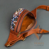 Sac banane en cuir véritable marron, forme tonneau, brodé, motif géométrique, fermeture éclair, style bohème unisexe