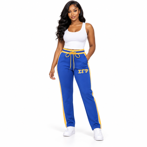 Pantalones de Calentamiento de Forro Polar Air Tech Sigma Gamma Rho SGRho Azul Dorado, Ropa Griega, Pantalones Deportivos Premium de la Hermandad - Product Image 1