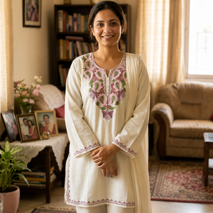Kurti Kashmiri color marfil con bordado floral Sozni, compre directamente del proveedor - Product Image 1