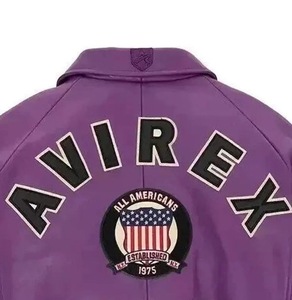 เสื้อแจ็คเก็ตวาร์ซิตี้สีม่วง Avirex สำหรับผู้ชาย แจ็คเก็ตบอมเบอร์หนัง PU แบบซิป ปักลาย USA แพทช์ สวมใส่สบายๆ ในฤดูใบไม้ร่วง เสื้อแจ็คเก็ตหนัง Avirex - Product Image 4